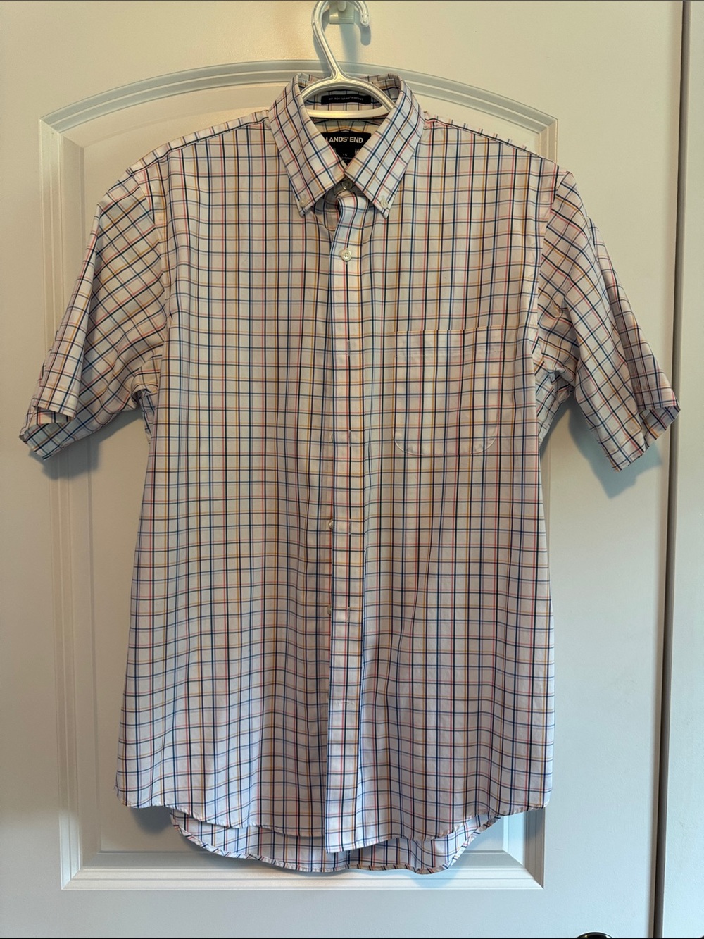 Lands' End Men’s Short Sleeve Button-Down Shirt in White with Blue and Red Plaid